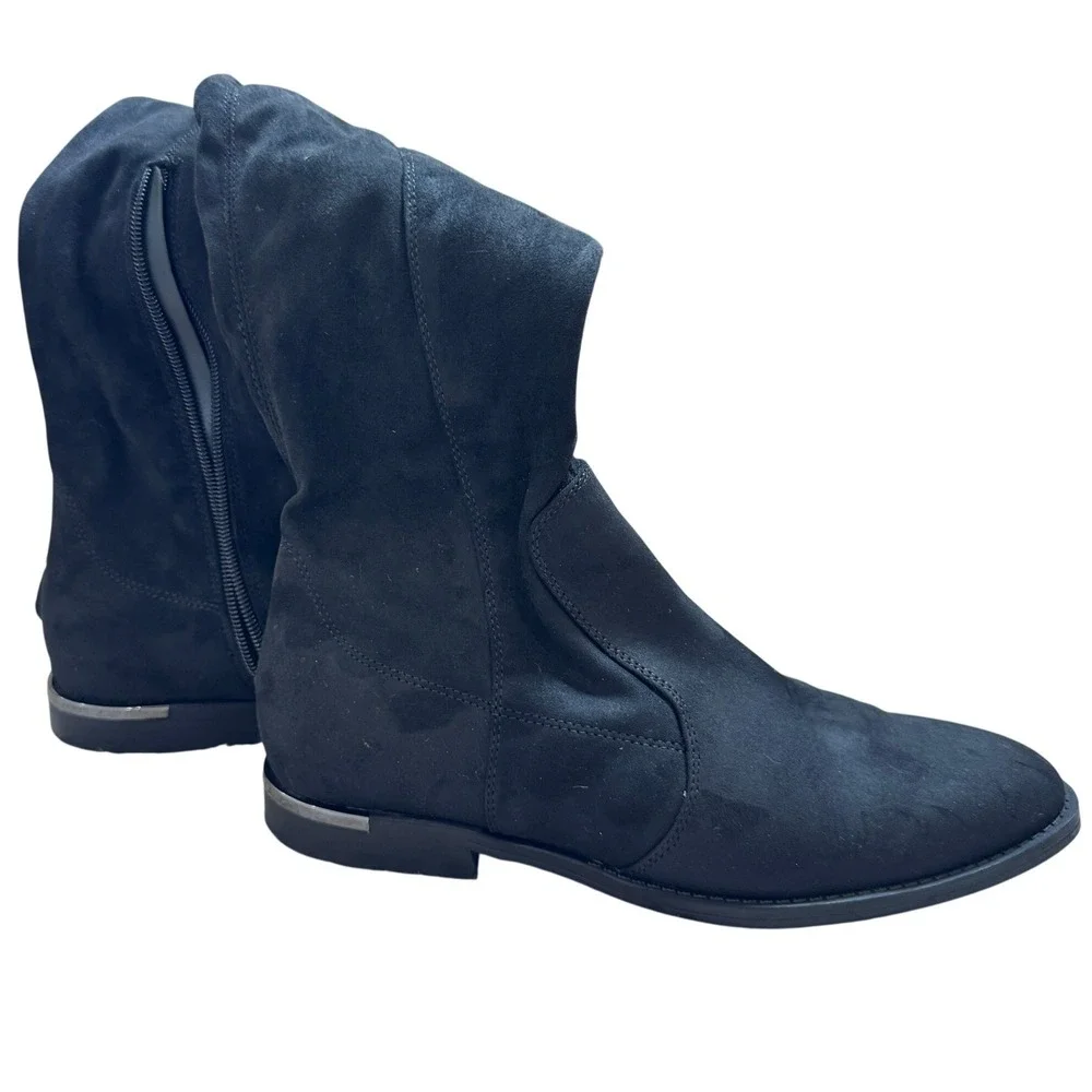 Marc Fisher Black Faux Suede Over The Knee Flat Boots Silver Heel Detail 8.5M